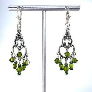 VTG Sterling Silver 925 Chandelier Dangle Earrings Peridot Green Crystal 2.25" L